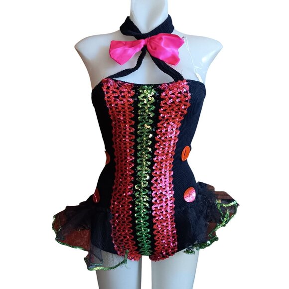 Vintage Dresses & Skirts - Medium Vintage 70's Halter Sequin Tutu Dress With Pink Bow & Green Ruffle Trim